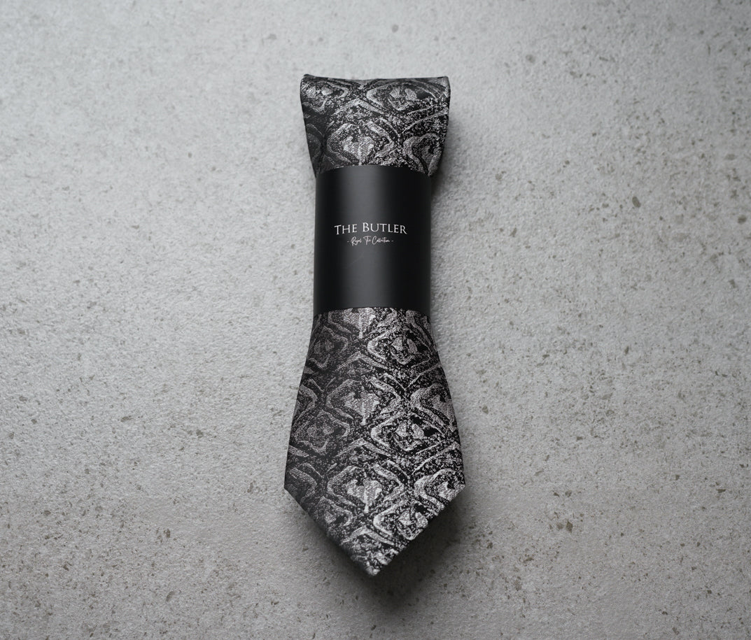 The Butler Sri Lanka Romanus Necktie - Silver and Black Vintage Mural Pattern for Sophisticated Functions