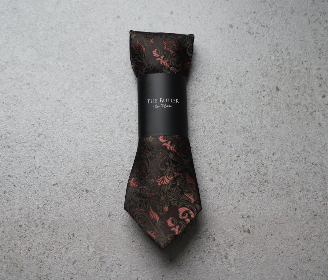 The Butler Sri Lanka Ramiel Necktie - Salmon Pinkish-Red and Brown Floral Pattern for Casual Sophistication