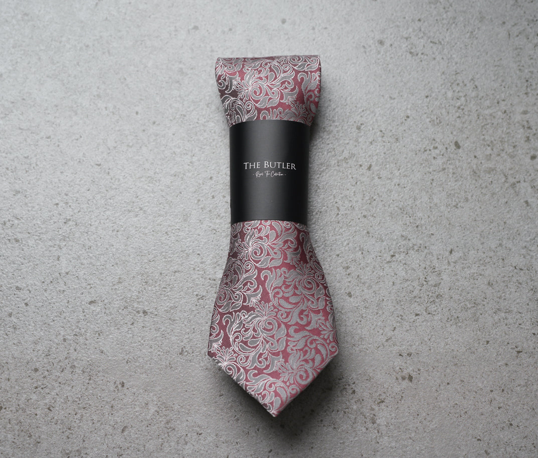 The Butler Sri Lanka Rilford Necktie - Salmon Pinkish-Red and Grey Woven Floral Mural Print