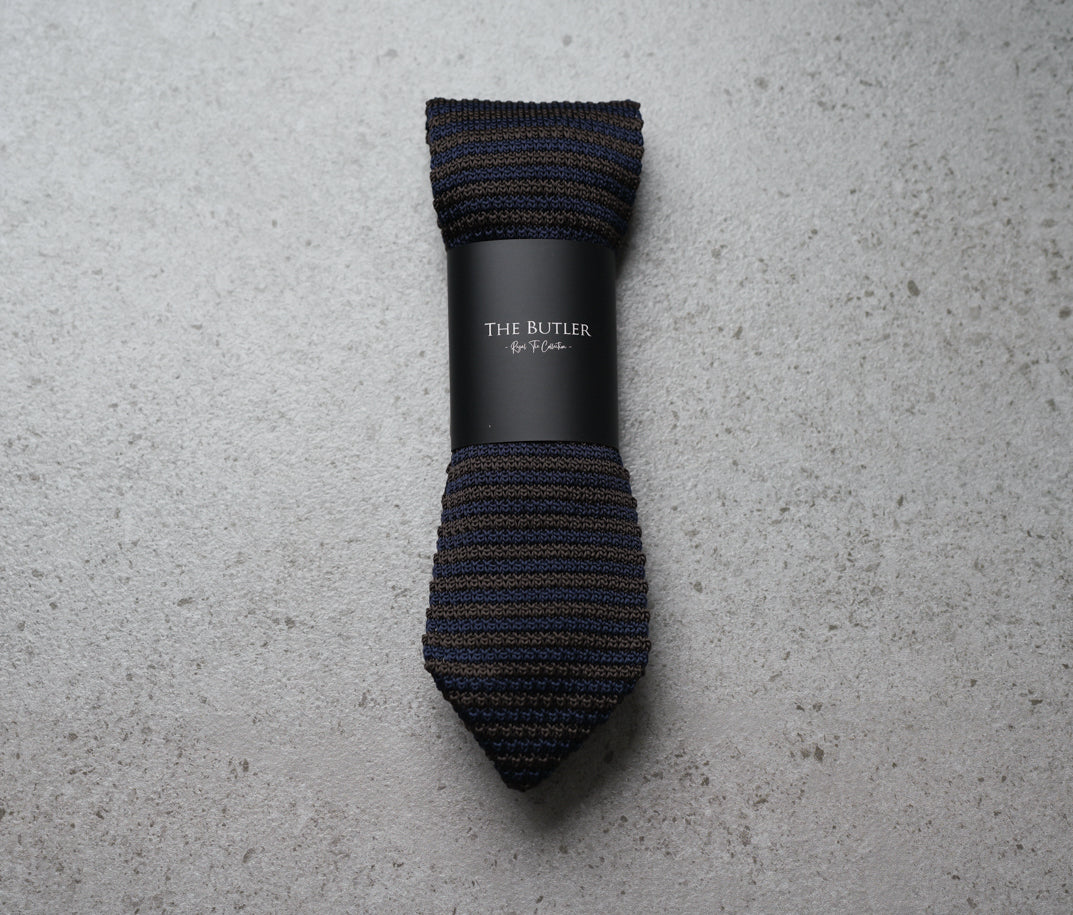 The Butler Sri Lanka Sarandon Knitted Necktie - Subtle Grey and Blue Stripes for Timeless Elegance