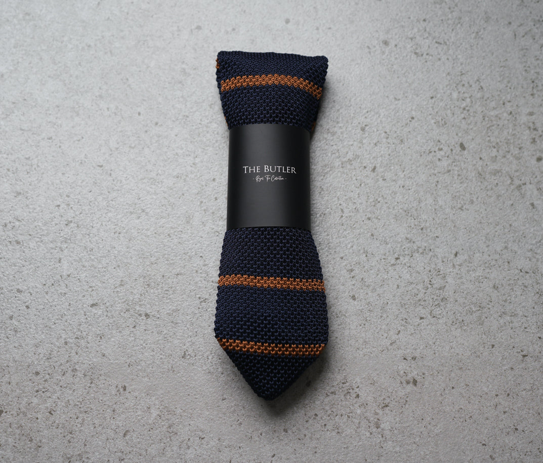 The Butler Sri Lanka Sabre Knitted Necktie - Blue and Brown Stripes for Timeless Elegance