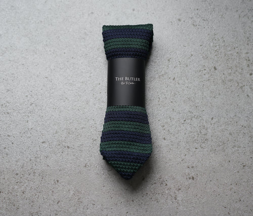 The Butler Sri Lanka Sheldon Knitted Necktie - Green and Blue Stripes for Casual Elegance