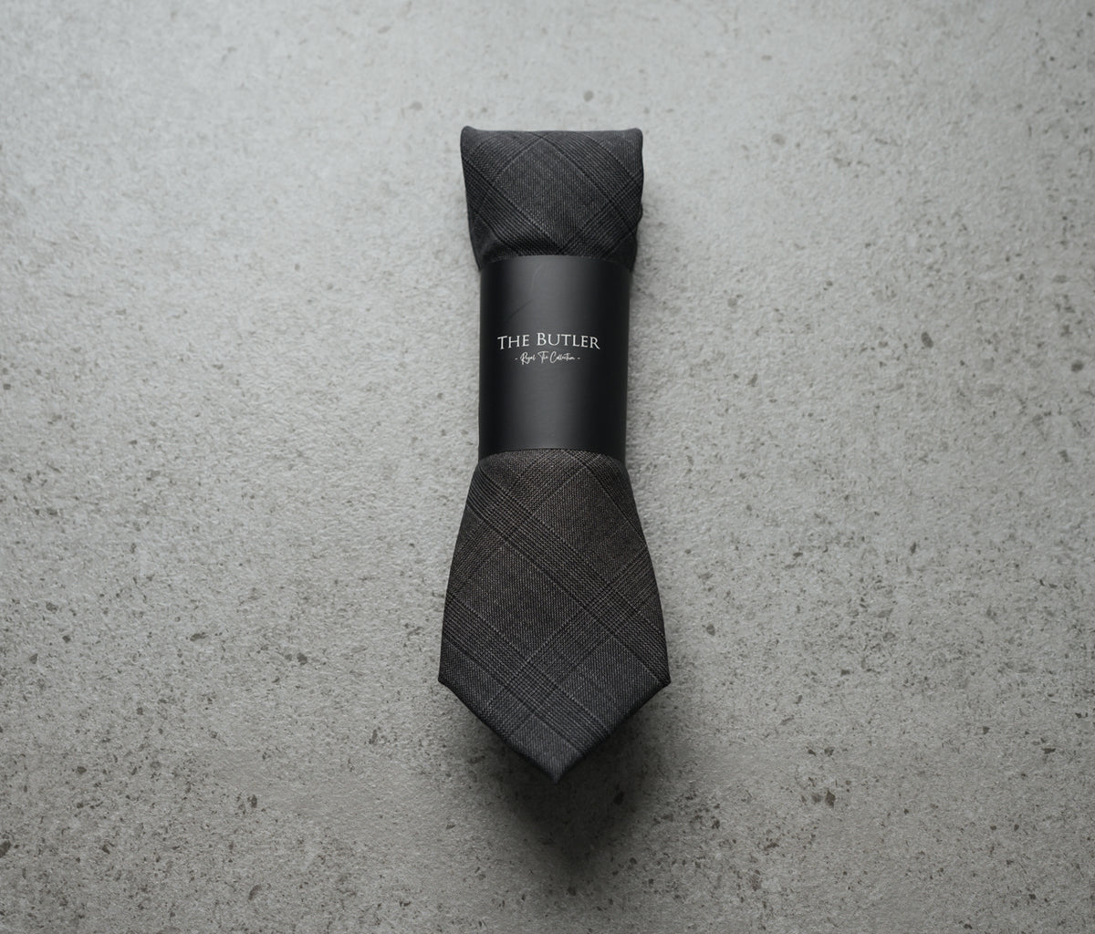 The Butler Sri Lanka Kadeem Formal Necktie - Charcoal Grey Wool-Blend with Dark Grey Plaid Pattern