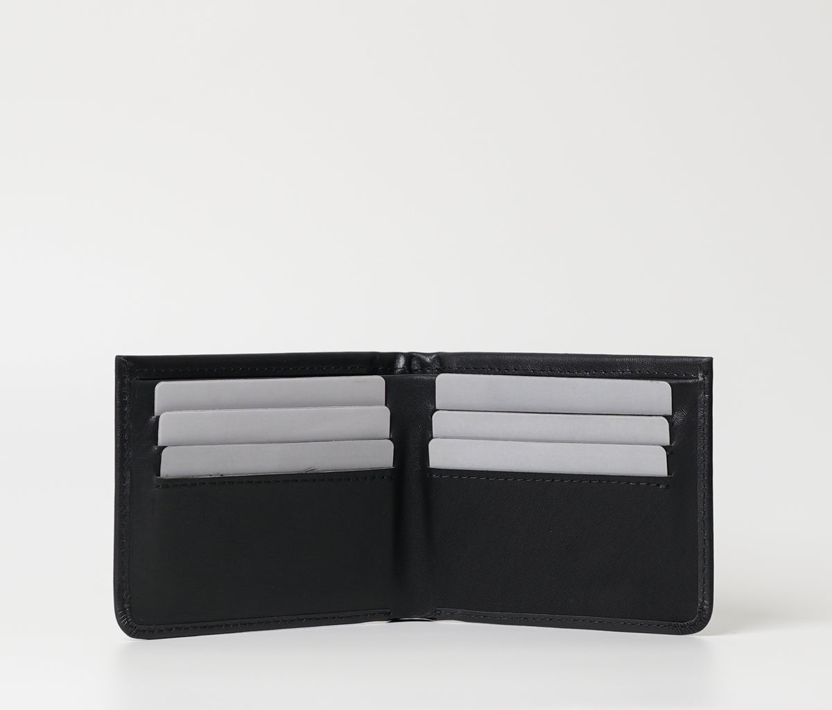 Chadwick black bi-fold leather wallet with 6 card slots, 2 cash compartments, and a sleek gloss-matte finish. Available at The Butler Sri Lanka