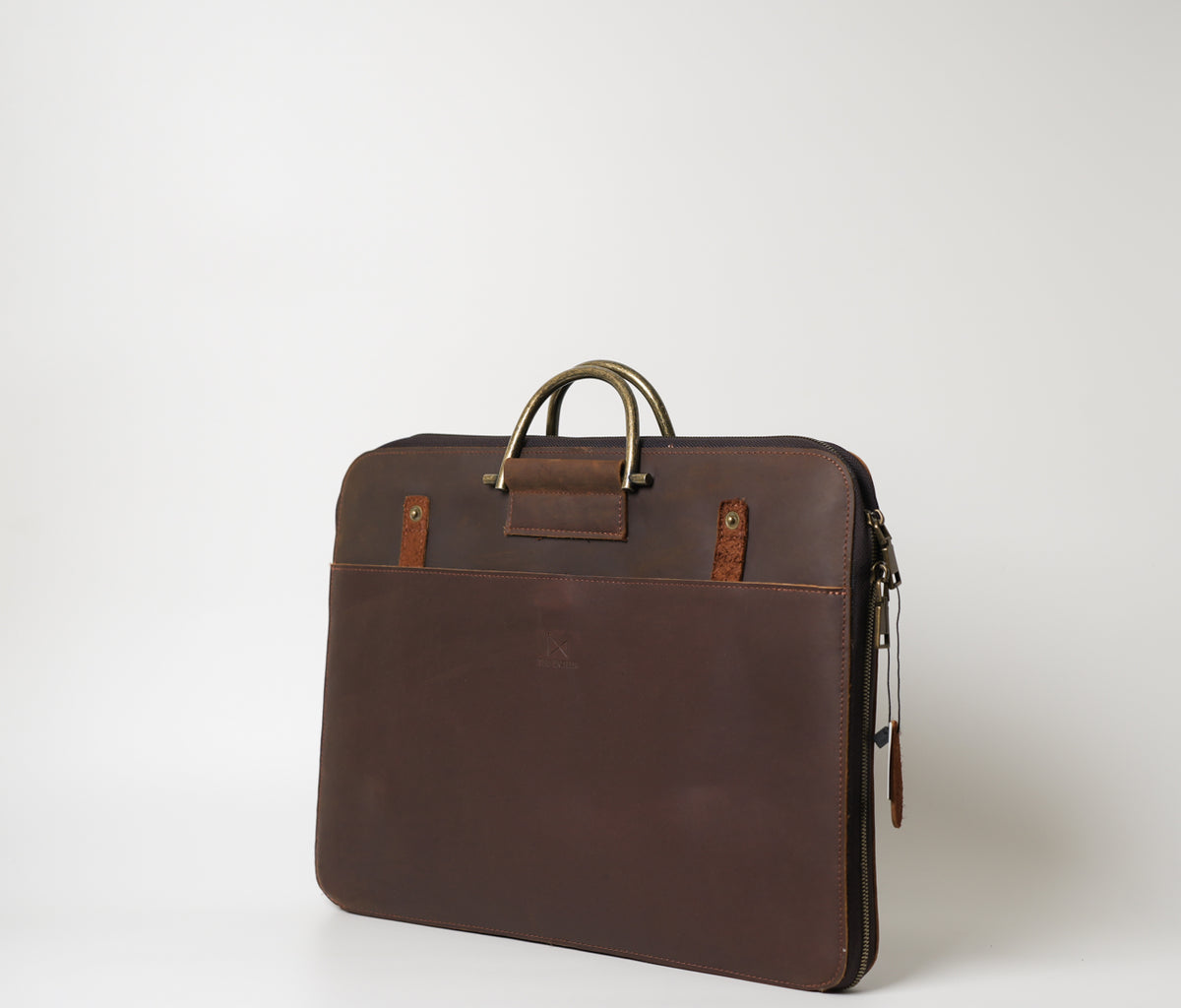 Corrado Laptop Bag – Brown, ultra-slim crazy horse leather bag with brass handles, fits laptops up to 15”. At The Butler Sri Lanka