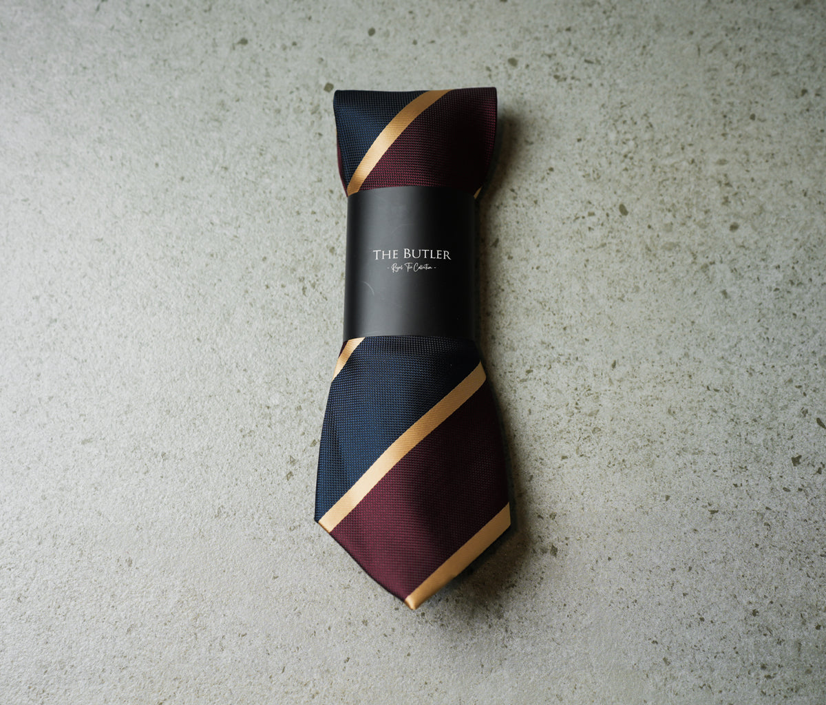 The Butler Sri Lanka Flrois Formal Necktie - Bold Blue and Maroon Stripes with Gold Accents