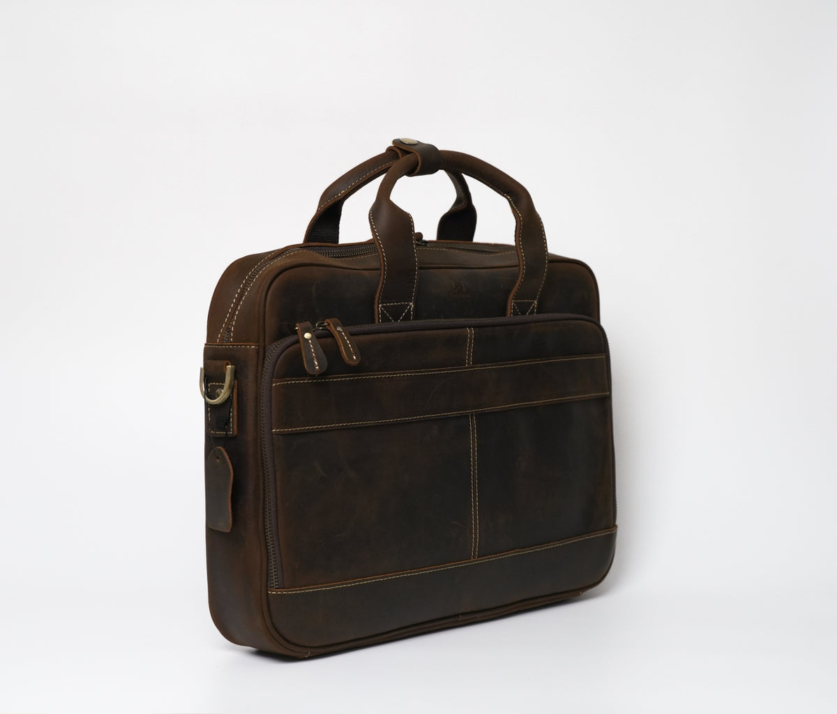 Harman Brown Laptop Bag in vintage Crazy Horse leather with zippered compartments, pen, card, phone, and power bank holders. Designed for 13" to 17" laptops. Rugged yet elegant design.