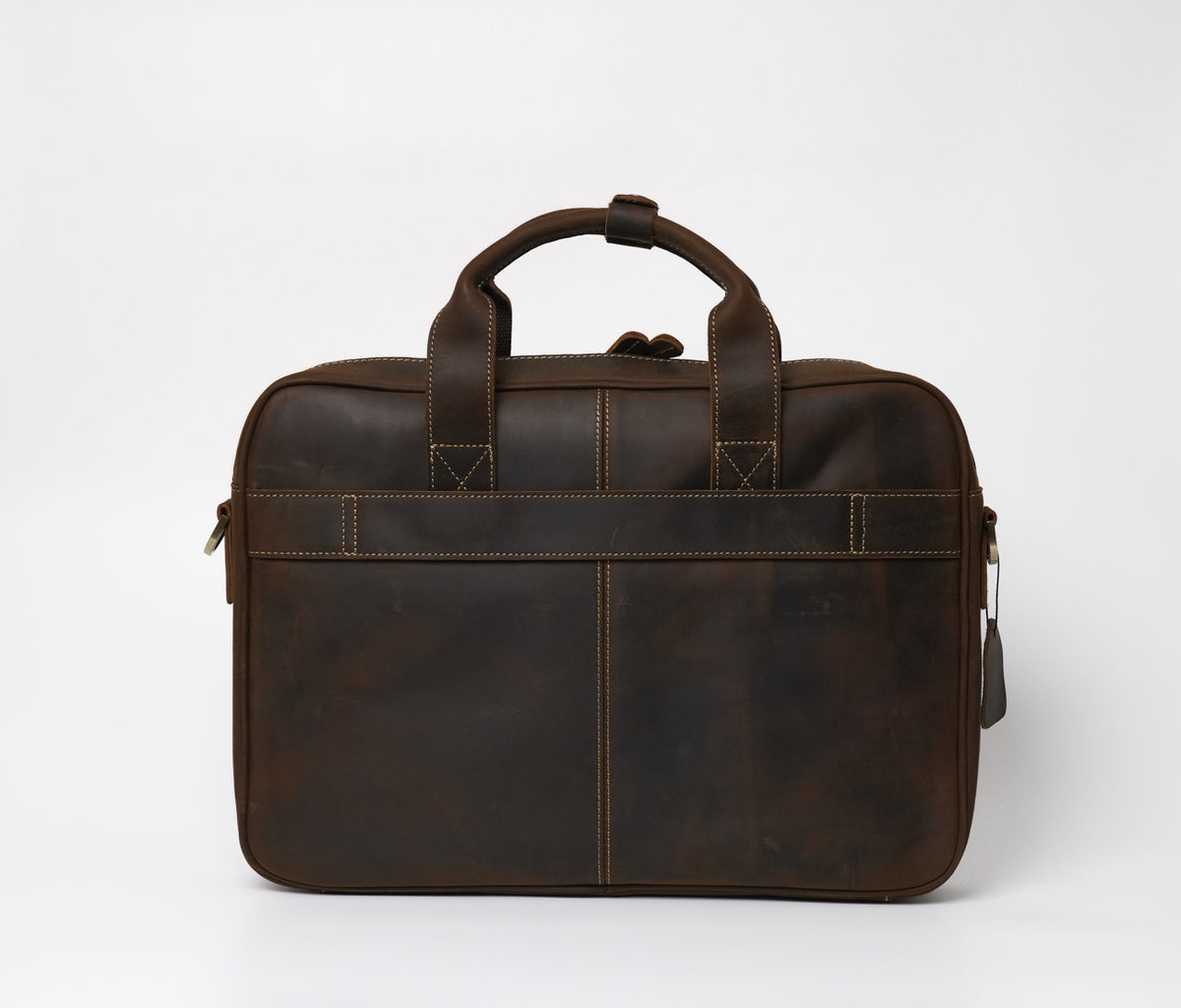 Harman Brown Laptop Bag in vintage Crazy Horse leather with zippered compartments, pen, card, phone, and power bank holders. Designed for 13" to 17" laptops. Rugged yet elegant design.