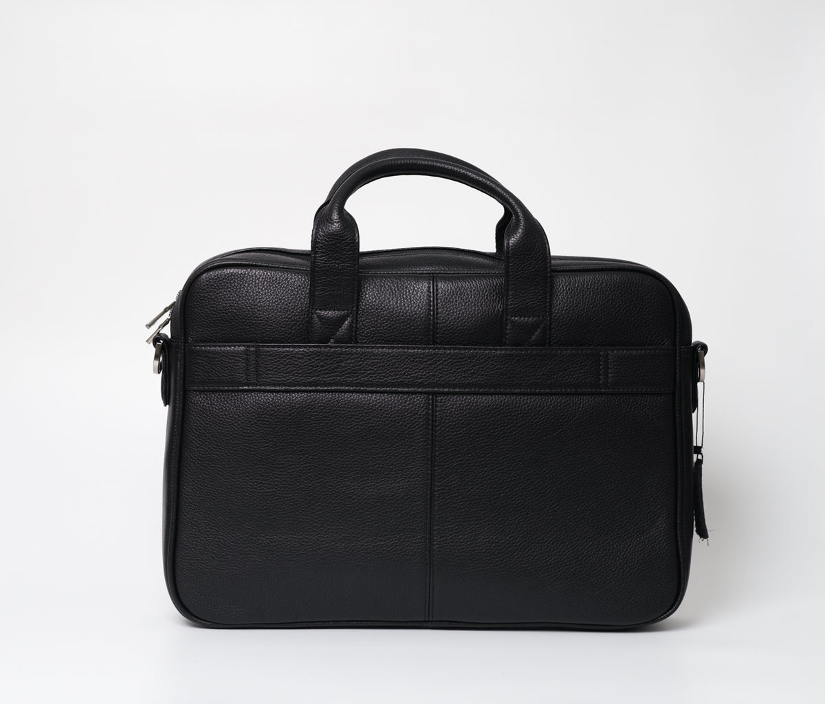 Heathen Black Laptop Bag in full-grain TOGO leather with a sleek black finish. Designed for 13" to 17" laptops with compartments for pens, cards, phones, and power banks. Luxury and versatile design.