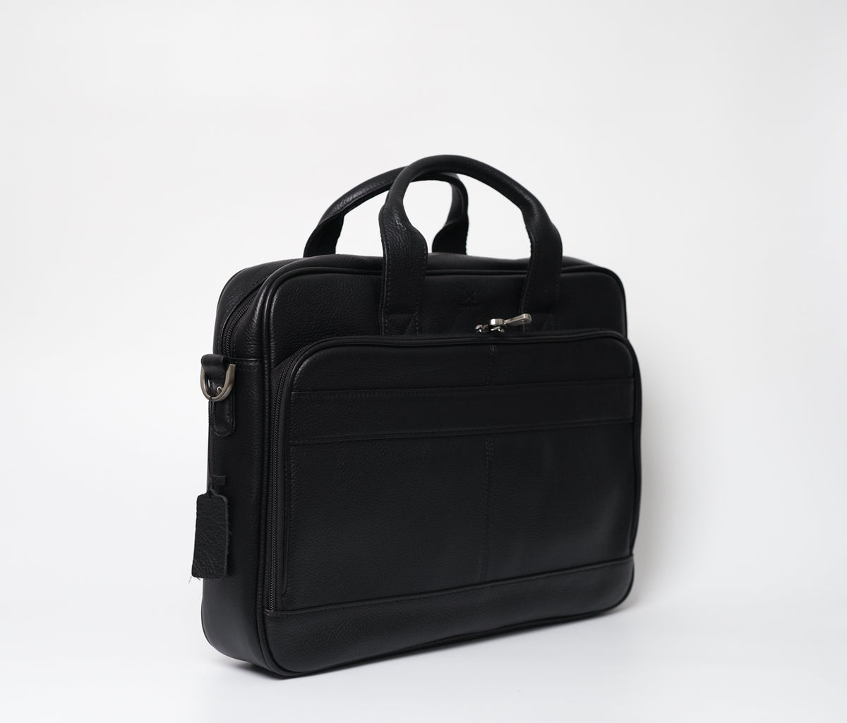 Heathen Black Laptop Bag in full-grain TOGO leather with a sleek black finish. Designed for 13" to 17" laptops with compartments for pens, cards, phones, and power banks. Luxury and versatile design.